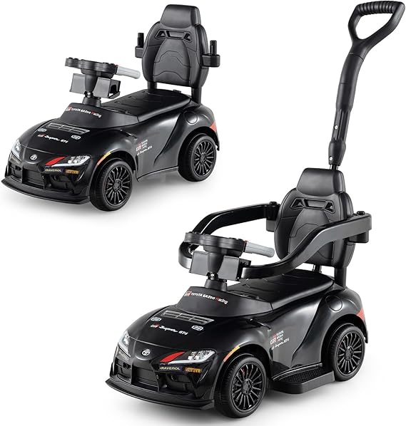 Costzon Push Car for Toddlers, 3 in 1 Toyota Licensed Stroller Sliding Walking Car w/Handle, Music, Safety Guardrail, Under-Seat Storage, Foot-to-Floor Kids Ride On Toys for Boys Girls (Black)
