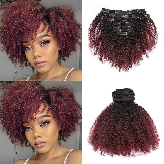 Loxxy Kinkys Afro Kinky Clip In Hair Extensions 4A 4B Virgin Natural Hair Ombre For Black Women Full Head #1b/99j AC 16 Inch