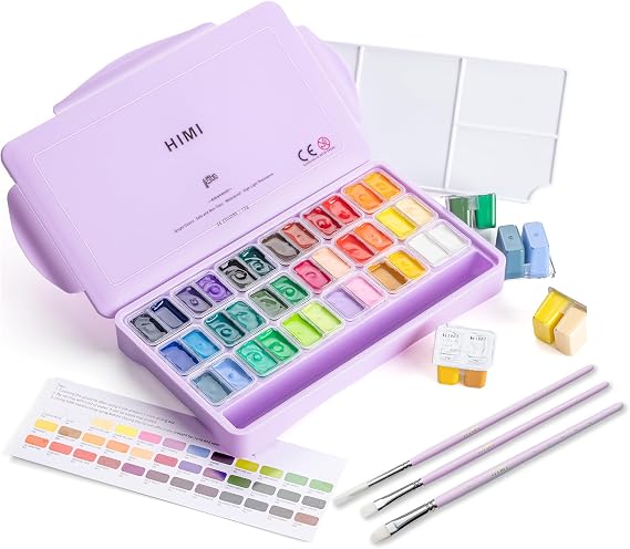 HIMI ツインカップ ゼリーガッシュペイントセット 3本の絵筆付き 36色 12g ゼリーカップデザイン キャンバスと紙用無毒性ペイント プロフェッショナル用アート用品 パープルケース