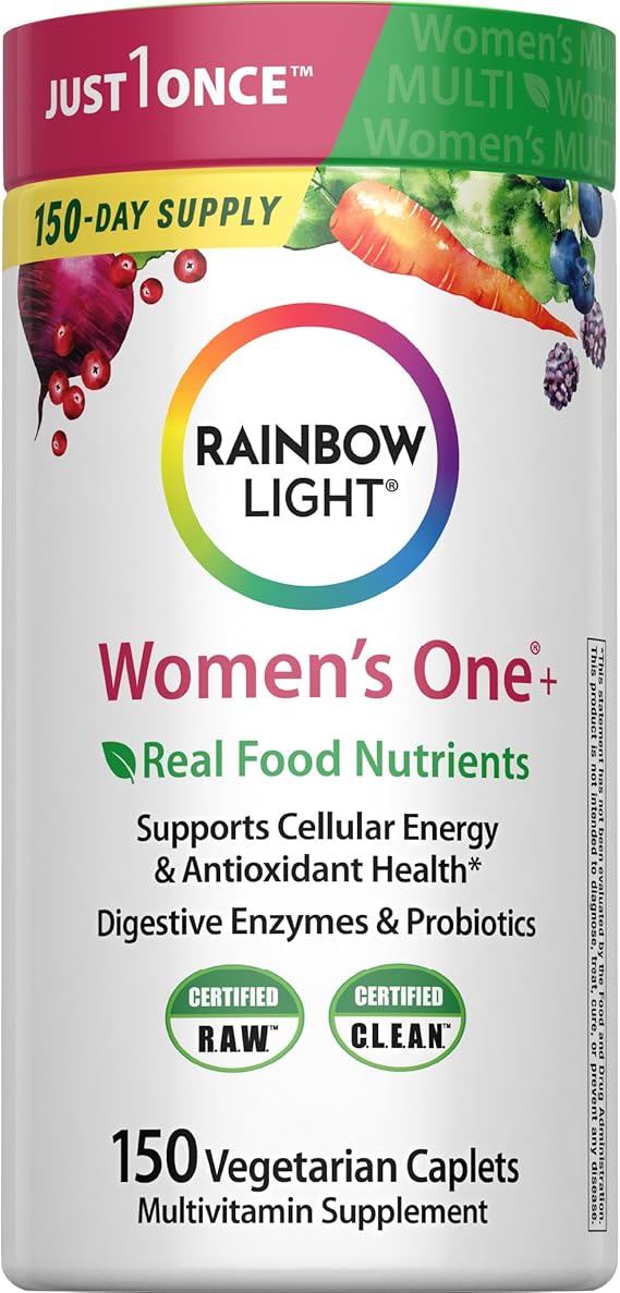 Rainbow Light Womens Multivitamin One + | 150 Caplets | Supports Cellular Energy & Antioxidant Health | Real Food Nutrients, Digestive Enzymes & Probiotics | with Vitamins C, D, and Zinc