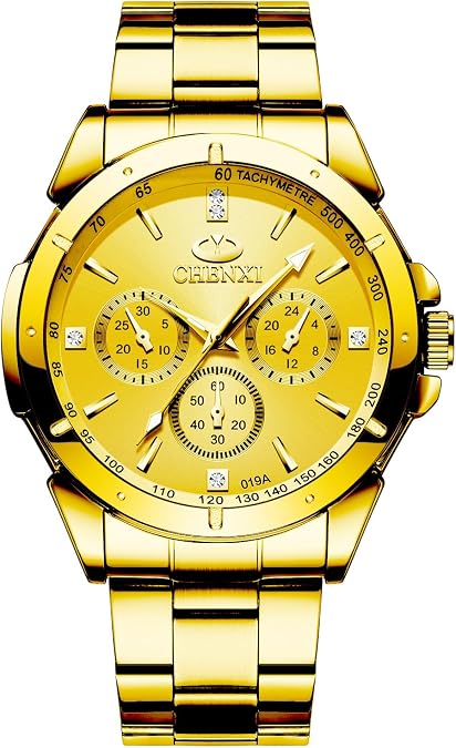 JewelryWe Mens Gold Watch Stainless Steel Round Analog Quartz Watch Business Casual Wristwatch, for Father's Day