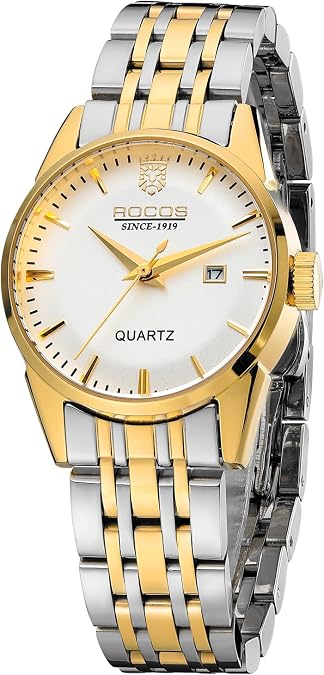 ROCOSJEWE R0101L Classic Gold Watches for Women, Analog Womens Watch with Stainless Steel,Gold-Tone Ladies' Three-Hand Watch,Date Wristwatch,Waterproof,Gift
