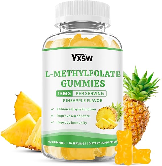 L-Methylfolate Gummies 15mg, Methylfolate Supplement, Folate Supplement for Support Mood, Brain Health, Immune System, Sugar Free, Pineapple Flavor, 60 Count
