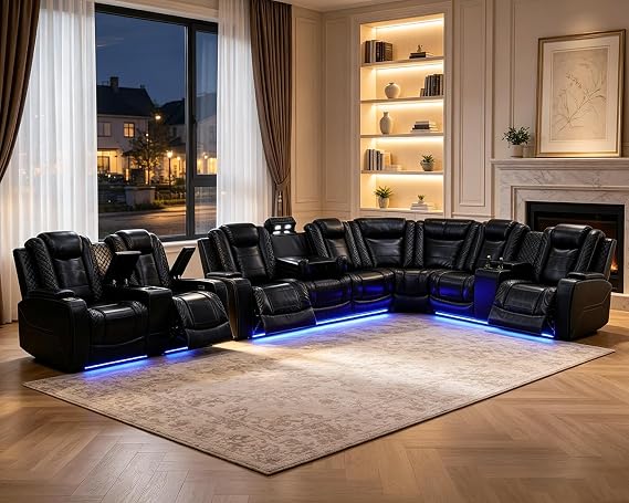 Power Recliner Sectional Sofafor Living Room Furniture Set,Leather Reclining Sectional Couch and Loveseat with Coffee Table,Cup Holder,Storage Console for House/Home Theater, Black