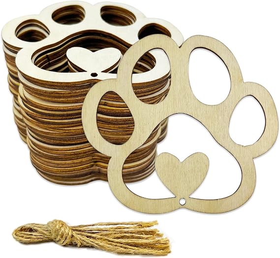 30pcs Heart Paw Shaped Wooden Cutouts Dog Cat Claws Cutouts Unfinished Wood Pet Paw Wood DIY Craft Embellishments Gift Ornaments Decoration, 3.9 x 3.7 in