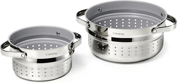 Caraway Small & Large Steamer Set Made with Handles - Non Stick, Non Toxic Coating - Steam Veggies, Seafood, and More - Compatible With Our Dutch Oven or Sauce Pan 3qt & 6.5qt - Stainless Steel