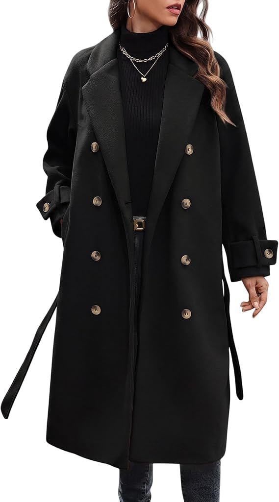 Hooever Women's Long Wool Coat Winter Double Breasted Peacoat