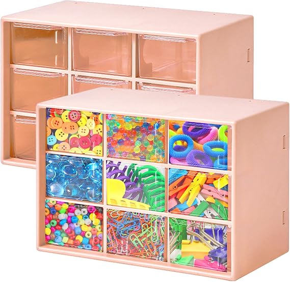 2Pcs Small Storage Drawers With 9 Drawers Desktop Drawer Box, Organiser Drawers Storage Unit Craft Storage Cabinet Drawer Organiser For Office Supplies & Accessories (Pink)