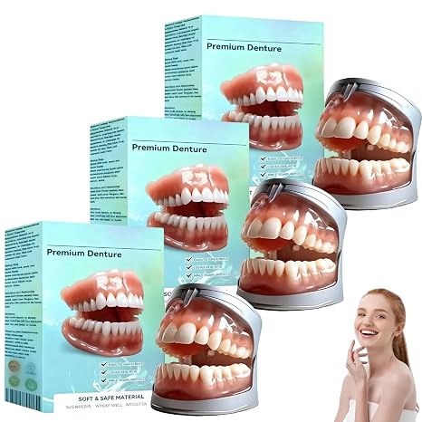 Sepremium Full Set Dentures, New Generation Flexible Full Denture Solution, Silicone Reline Denture Set, For Men and Women Ideal, Soft and Comfortable (3pcs)