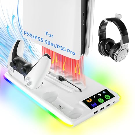 TicEaik Stand for PS5/Slim/Pro, PS5 Charger with 3USB & 1Type-C Ports, Vertical Cooling Fans and Dual Controller Charging Station, LED Light Stand for PS5/Slim/Pro Console