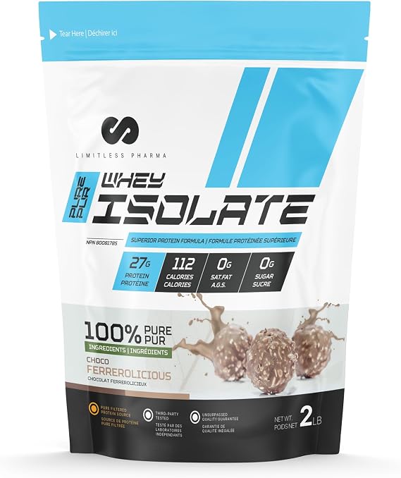 Limitless Pharma Pure Whey Isolate | High Protein Whey Isolate Protein Powder | 27g Protein, 6g BCAAs, Sugar Free, Gluten Free, Low Carb, Low Lactose | 30 Servings, 2LB (Choco Ferrerolicious)