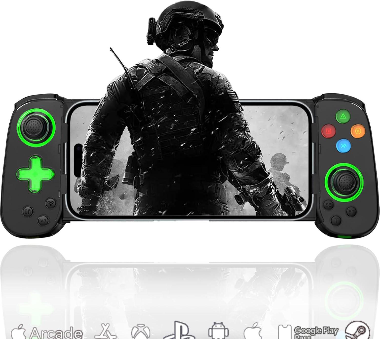 Megadream iPhone Controller iPhone 1514iOS 13.0Android 6.0iPadPS34SwitchPC, cloud gamestreaming enabled, hall joystick, 6-axis gyroscope, vibrating motor, 3-step turbo, continuous shootingserial hold, green light, cod、 For modern combat 5, black
