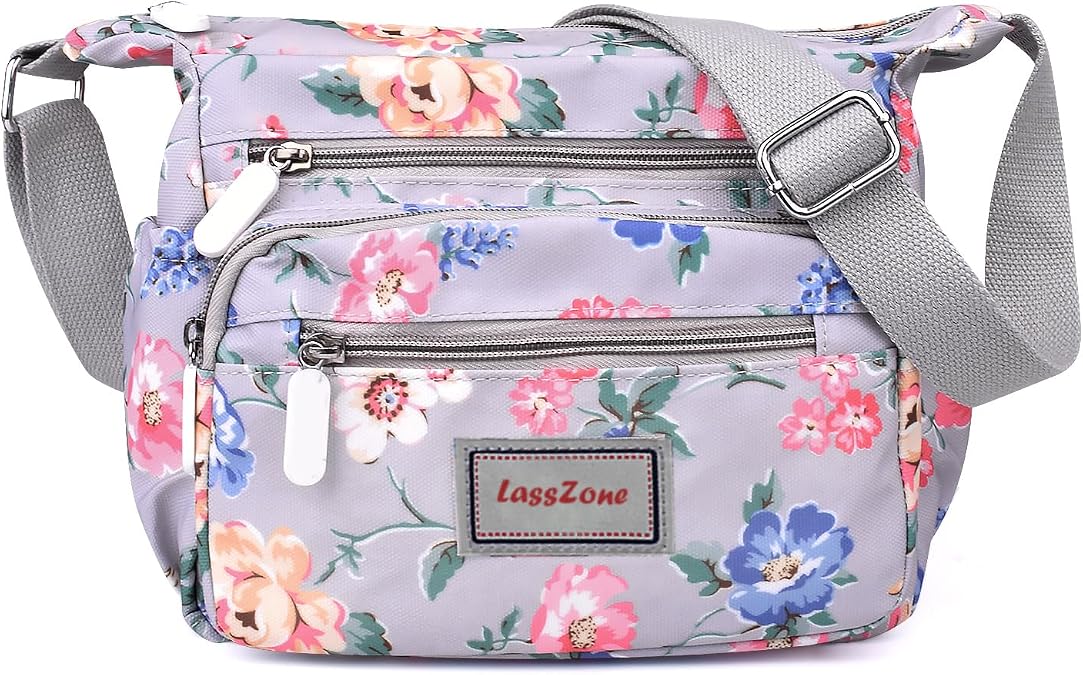 LassZone Crossbody Bag for Women Waterproof Nylon Shoulder Handbags Multi Pocket Casual Messenger Bag Floral Travel Purse