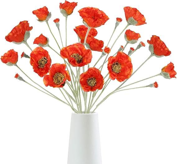 6PCS Orange Poppy Flowers Artificial 30 Heads 26.77in Faux Poppy Flowers Silk Flowers with Long Flocking Stems Flowers for Wedding Party Home Office Decoration(Orange)