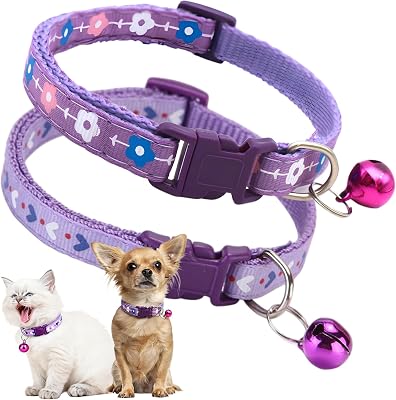 Purple XS Dog Collar with Bell, 2-Pack Girls Puppy Collar with Bell, Nylon Cute Cat Collars Adjustable for XXS XS Little Small Female Kitten Dogs