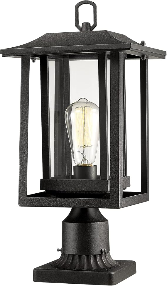 Beionxii Outdoor Post Light, Large Exterior Lamp Post Light Pier Mount Lantern with Base, Black Cast Aluminum w/Clear Glass (19" x 9") - A197P-1PK