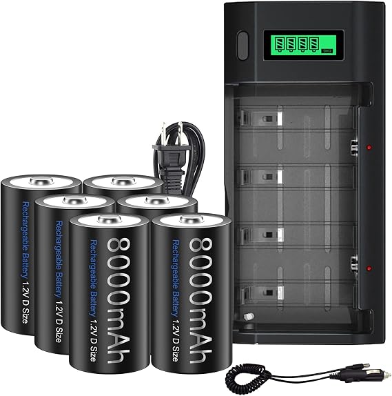 6 Pack Rechargeable D Batteries with Charger, 8000mAh 1.2V Ni-MH Rechargeable D Size Battery with Universal Charger for AA AAA 9V C D Battery - Storage Case Included