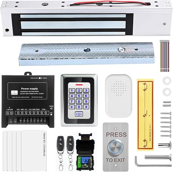 Access Control System Kit with Remote 600lbs Holding Force Fail-Safe Electromagnetic Lock, Metal Keypad, 12V Power Supply, Exit Button & Doorbell, Supports RFID, Password & Remote Access