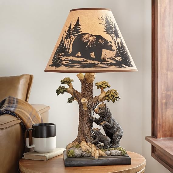 BLACK FOREST DECOR Woodland Bear Scene Lamp 14" Dia.x23 H