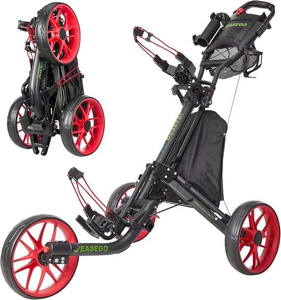 EASEGO Golf Cart with 3 Wheels: Golf Caddy Train Cart Folding Golf Bag Cart Lightweight Compact Golf Trolley with Cooler Bag, Umbrella, Cup and Phone Holder for Various Terrain