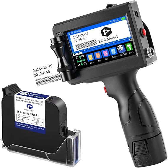 Handheld Inkjet Printer 25.4mm, E15-1 Portable Handheld Inkjet Printer Gun with ER521 Black Ink Cartridge, for Text QR Barcode Batch Number Logo Date Label