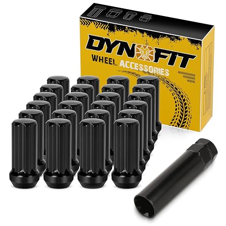 Dynofit 14x1.5 Spline Lug Nuts Compatible with Chevy Silverado 1500 GMC Sierra Ford,Aftermarket Wheel Lug Nuts Set for F150 2015-2024, 24PCS Black Truck Nuts Sets Include 1 Socket Key for Fuel Wheel