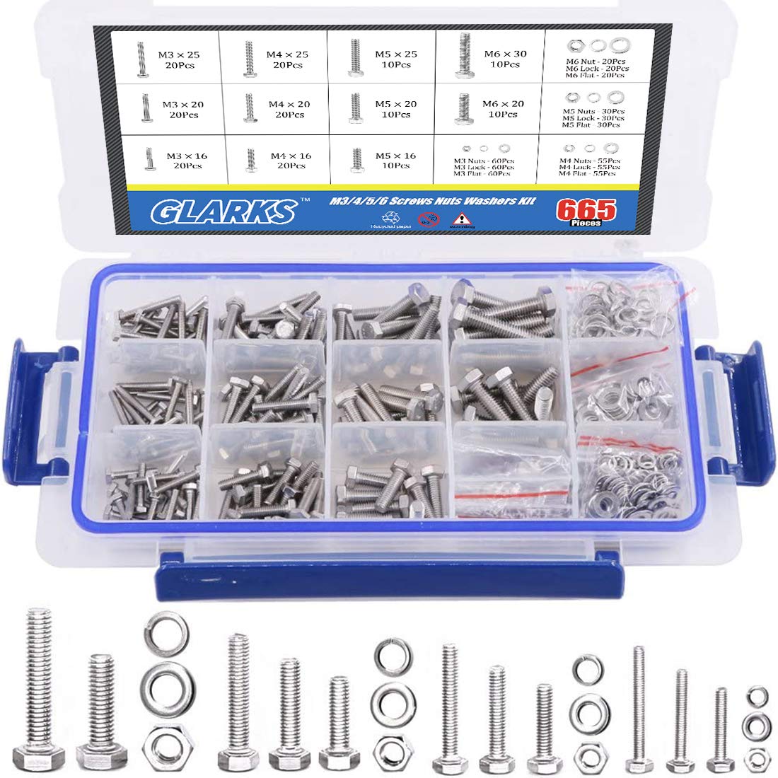 Glarks 665pcs M3 M4 M5 M6 Stainless Steel Flat Hex Screws Nuts and Flat Seal Spring Washers Assortment Set
