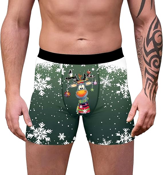 Novelty Boxers- Mens Trunks Underwear- Boxers Reindeer Snowflake Santa Claus Printed Design Trunks Christmas Special Boyshort Style Retro 3d Novelty Xmas Underpants Breathable Comfortable Soft