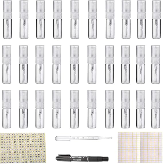 Pack of 30 Mini Spray Bottles 3 ml Mini Clear Glass Travel Empty Atomiser Spray Bottles After Refillable Empty Spray Bottle (with Label Sticker)