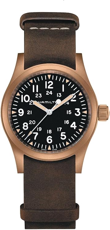 Hamilton Khaki Field Mechanical Men's Watch, 38mm Bronze and Titanium Case, Swiss Made, Black Dial Analog Wrist Watch for Men, 50m Waterproof, Sapphire Crystal, Cow Leather Strap