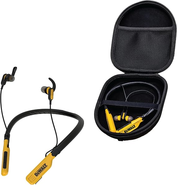 DEWALT Bluetooth Neckband Headphones Protective Case Sets, Wireless Earbuds w/ 30H Playtime, Noise Isolation, IPX6 Jobsite-Ready, EVA Shockproof Water-Resistant Storage Bag Bundle