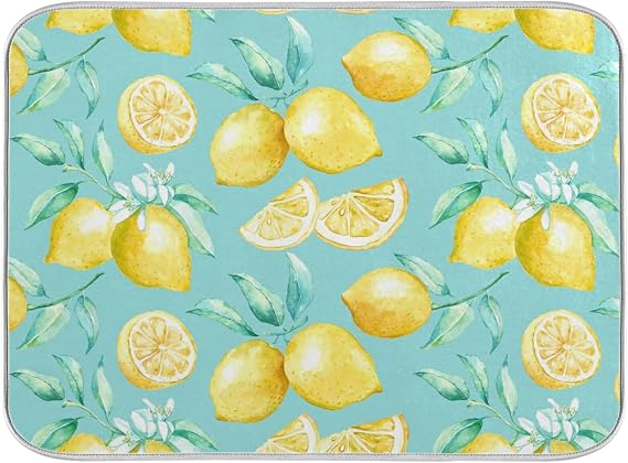 Absorbent Dish Drying Mat for Kitchen Counter - Yellow lemon teal background Microfiber Drying Pad, Reversible Drainer Mats for Countertop, Medium 16 x 18 inch