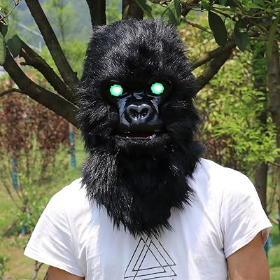 Halloween Black Gorilla Mask Movable Mouth, Glowing Moving Jaw Animal Ape Chimp Mask Costume for Halloween Festival Costume Party, Moving Jaw Gorilla Mask with Lighted Eyes