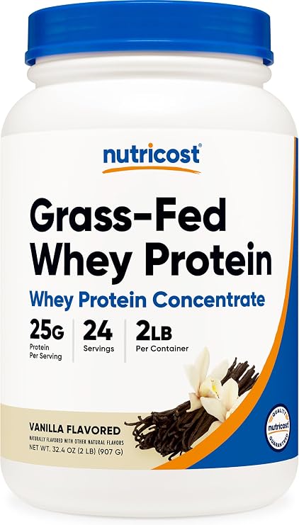 Nutricost Grass-Fed Whey Protein Concentrate Powder (Vanilla) 2LBS | Undenatured, GMO-Free, Gluten Free, Natural Flavors