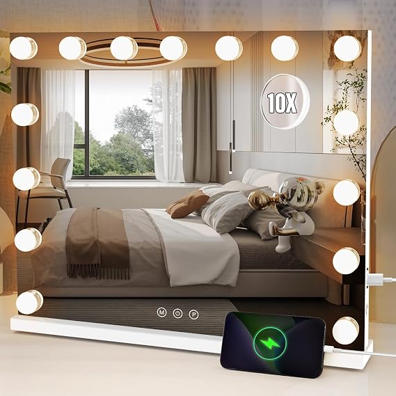 Lighted Makeup Mirror, 19" x 58.4cm Long Light Hollywood Mirror, Detachable 10x Magnification, Hollywood Vanity Mirror, Smart Touch Control with Lights, Hollywood Lighted Mirror with 15 LED Bulbs, 3