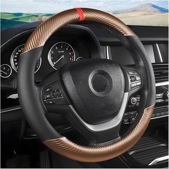 Moly Magnolia 15 Inch Carbon Fiber Look Steering Wheel Cover, Coffee