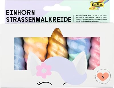 folia 380509 Unicorn Street Painting Chalk for Children, Pack of 5 in Rainbow Colours, Unicorn Chalk in Horn Design