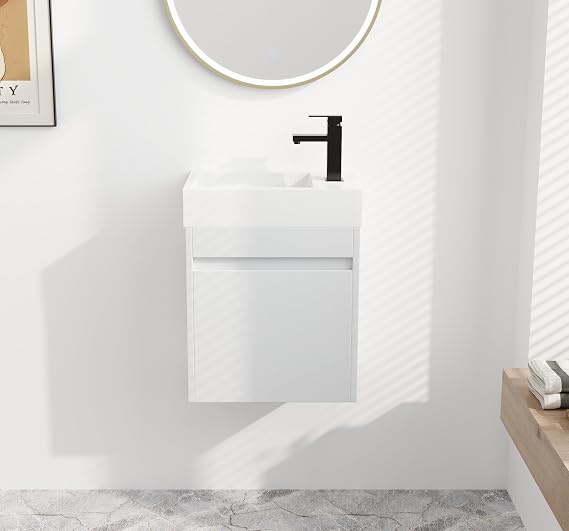 18 Inch Bathroom Vanity with Sink,18" Floating Bathroom Vanity,Modern Bathroom Vanity for Small Space,Wall Mounted Cabinet Set,White