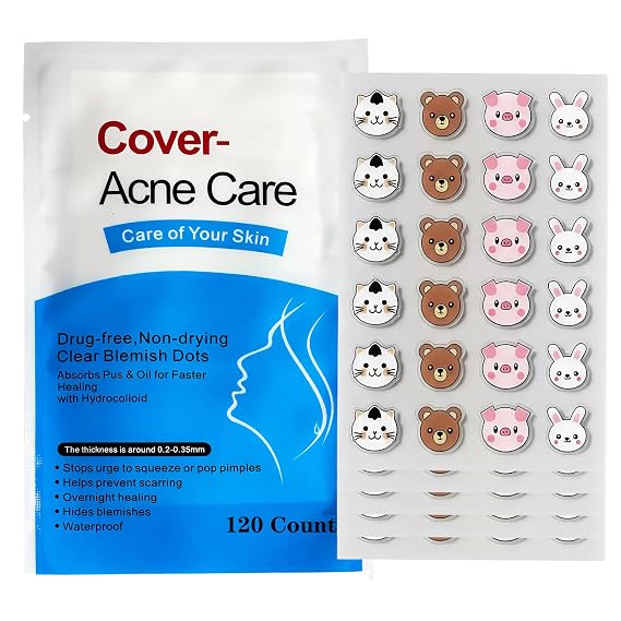 Pimple Patches,Cute Acne Patches,Pimple Patches for Face, Cute Stickers,Hydrocolloid Acne Patches,Invisible & Spot Treatment for Overnight Healing, Animal, 120 Count