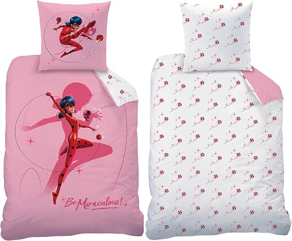 Miraculous Ladybug Children's Bed Linen Shadow Pink 135 x 200 cm + 80 x 80 cm 100% Cotton Flannelette Quality Marinette Adrien Cat Noir Lady Bug Girls Paris with Zip German Size