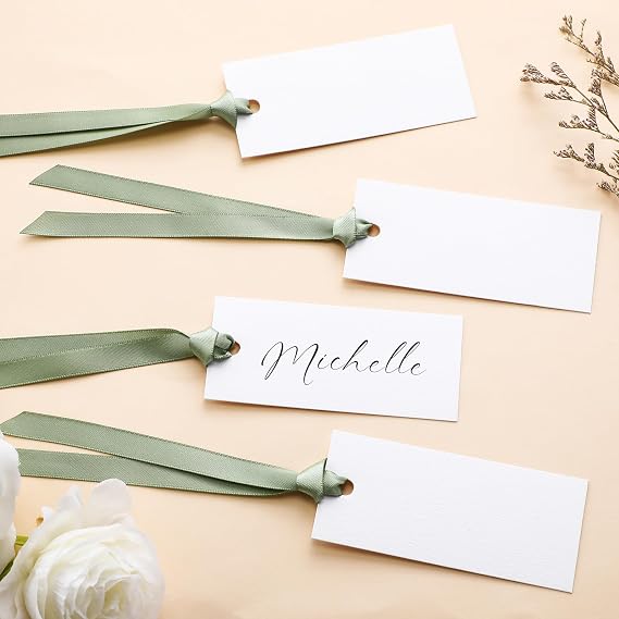50 Pcs Name Place Cards for Table Setting Blank Wedding Place Cards with Satin Ribbon 1.57 x 3.54 Inch Hanging Gift Tags for Wedding Dinner Banquet Party Table Setting Supplies(Sage Green)