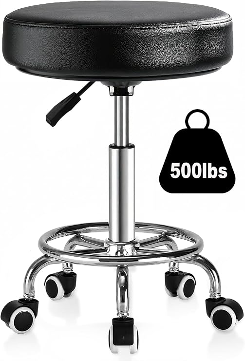 Adjustable Rolling Stool with Wheels 500lb,Thick 9.5cm Cushion,30-Second Assembly,Heavy Duty Round Rolling Stool with Footrest,Patent Leather for Drafting Stool Chair Work Spa Salon Seat(Black)