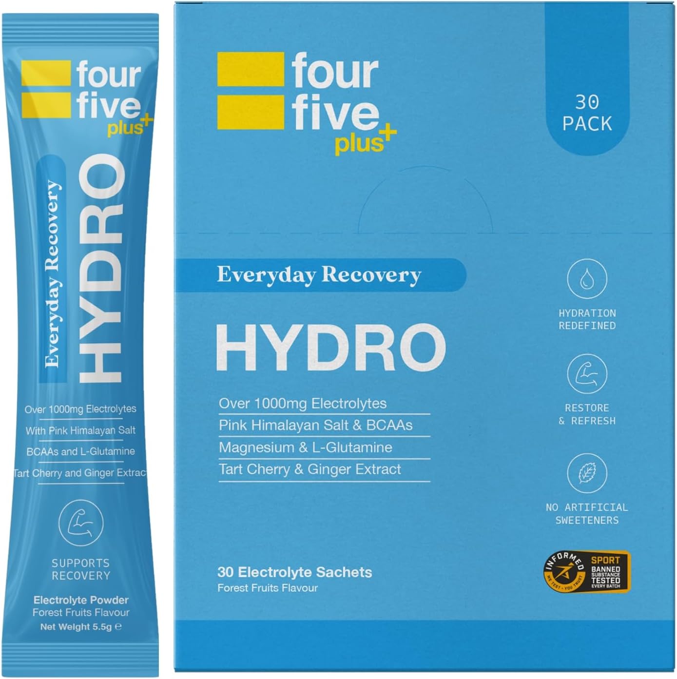 fourfive Hydration Sachets (Recovery Blend) Hydro Electrolytes Powder with Vitamins, BCAAs & Cordyceps, for Enhanced Recovery - Forest Fruits, 30 Sachets
