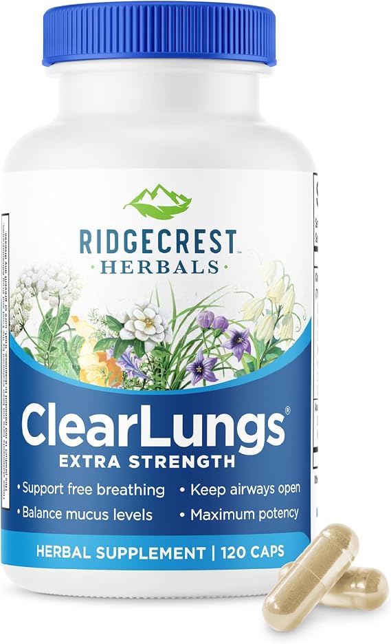 RidgeCrest Herbals ClearLungs Extra Strength, Daily Health Supplement, Natural Lung and Nasal Wellness Formula 120 Vegan Caps, 60 Serv