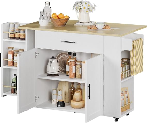 IRONCK 47 in Rolling Kitchen Island with Drop Leaf and Storage, White