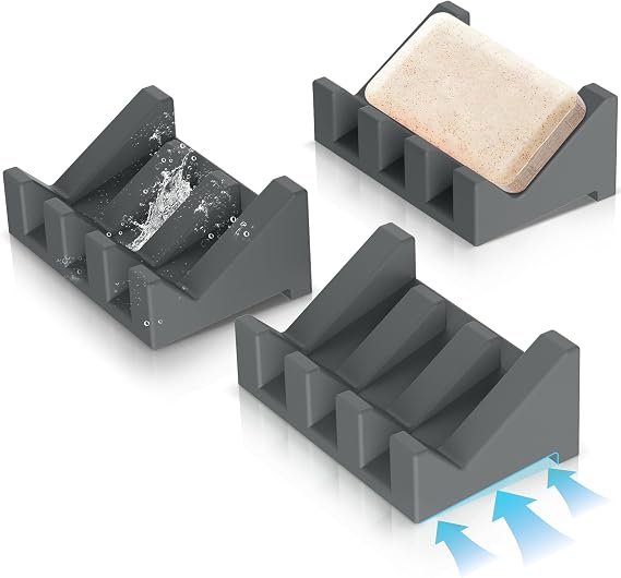 Silicone Soap Dish,3PCS Self Draining Bar Soap Holder,Dark Gray | Self draining silicone soap dish with drainage,waterfall design keeps bar soap dry,extended soap holder for shower,bathroom