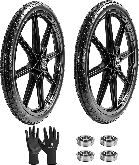 (2-Pack) 20" Flat Free Cart Wheels, 20x2 Solid Rubber Wheels for Rubbermaid Garden Carts, 3/4" & 5/8" Bearing, 2.5" Hub Length, Black