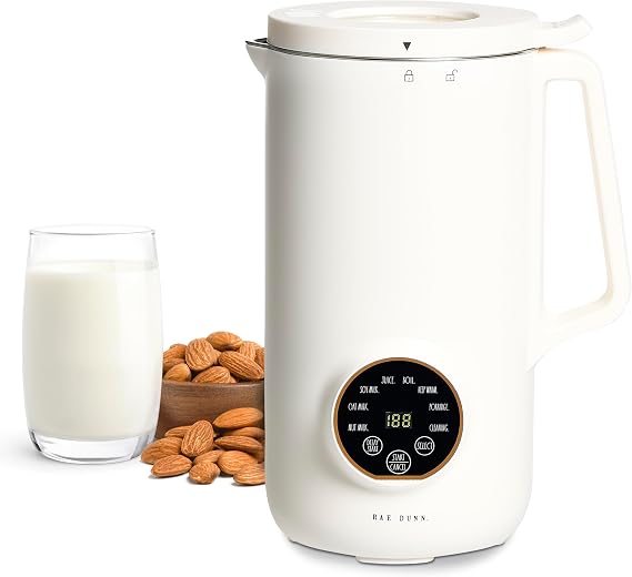 Rae Dunn 8-in-1 Nut & Plant Milk Maker Almond, Oat, Soy & More 800ml Cold / 700ml Hot Automatic, Delay Start, Self-Clean Includes Stirrer, Measuring Cup & Brush, Cream