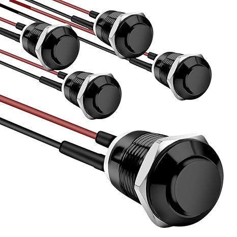12mm Momentary Push Button Switch, 5-Pack, Black | Stainless steel & aluminum alloy; IP66, IK09; 2A 12/24VDC, 1A 250VAC; 100K cycles; pre-wired cables