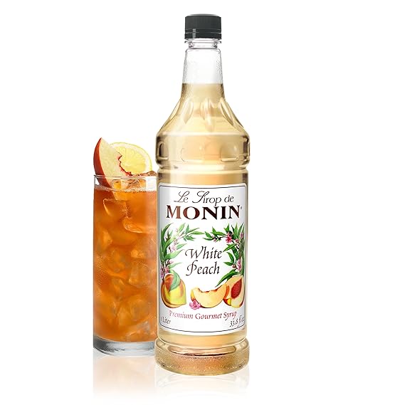 Monin - White Peach Syrup, Juicy Ripe Peach Flavor, Perfect for Cocktails, Mocktails, Iced Teas, Smoothies, Gluten-Free, Non-GMO (1 Liter)
